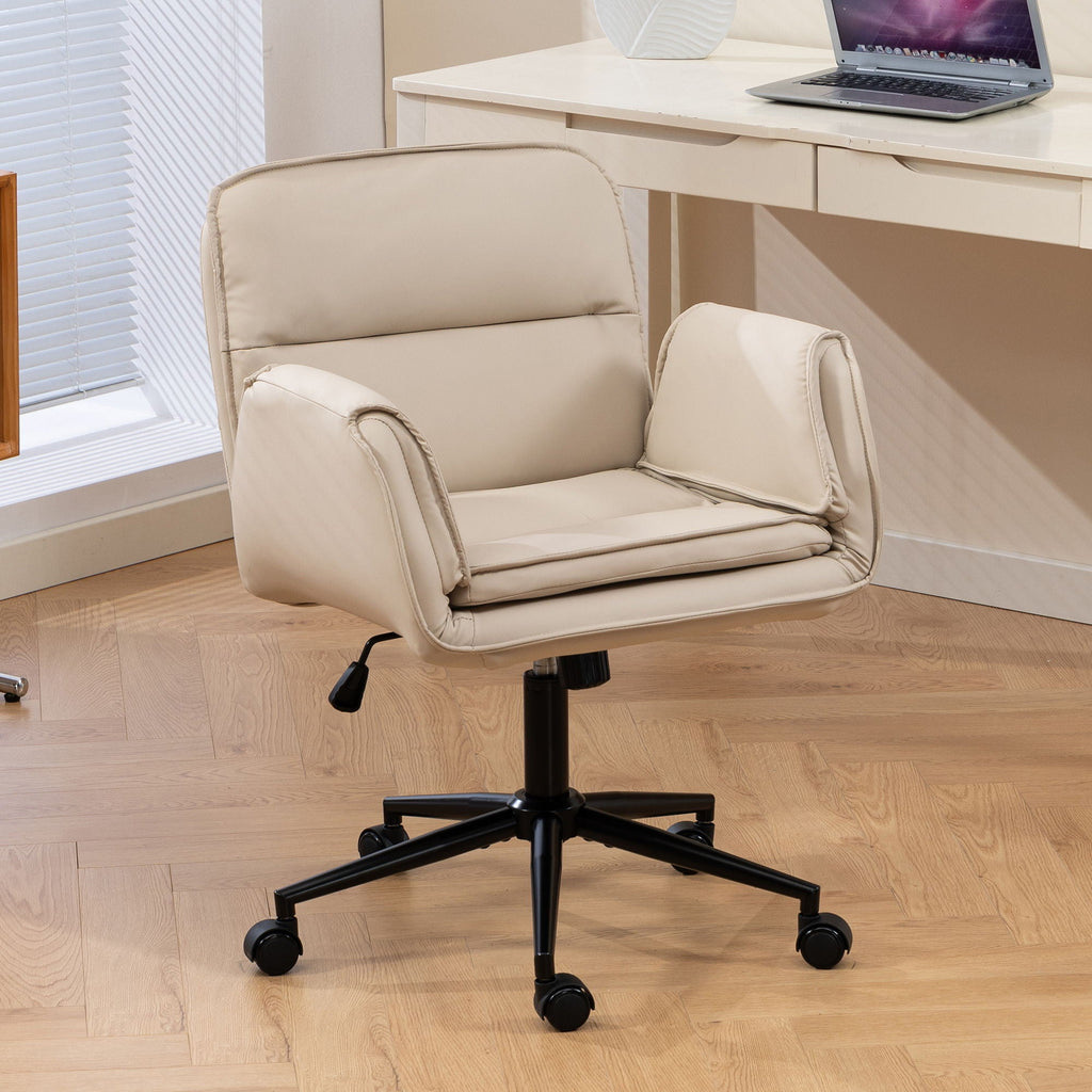 Beige fabric swivel desk chair with cushioned back and curved armrests on casters