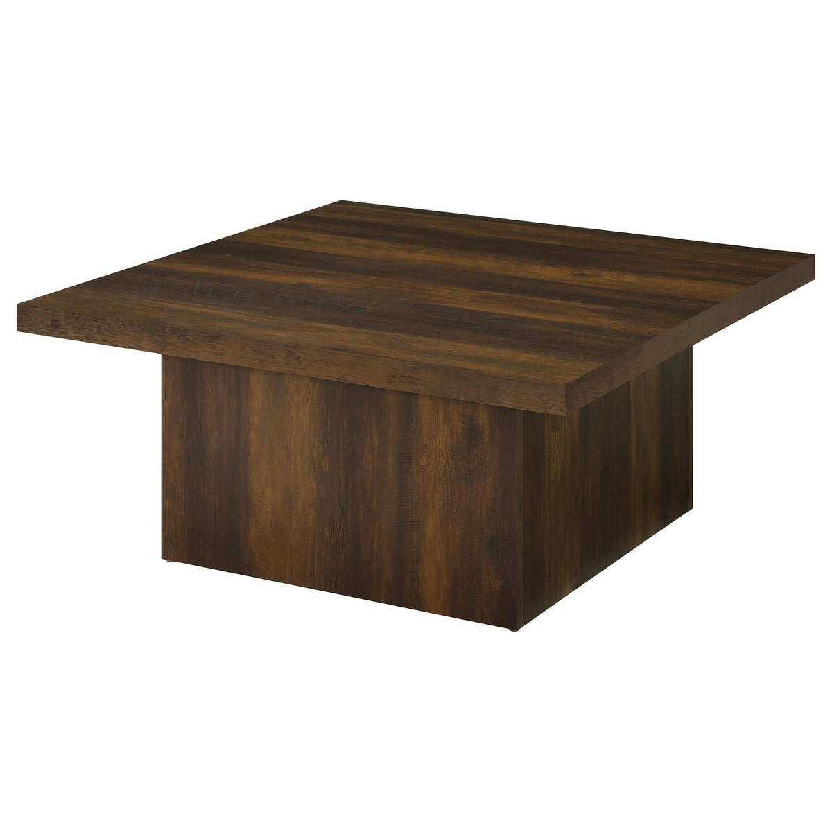 Square dark pine engineered wood coffee table with flat top and thick lower frame