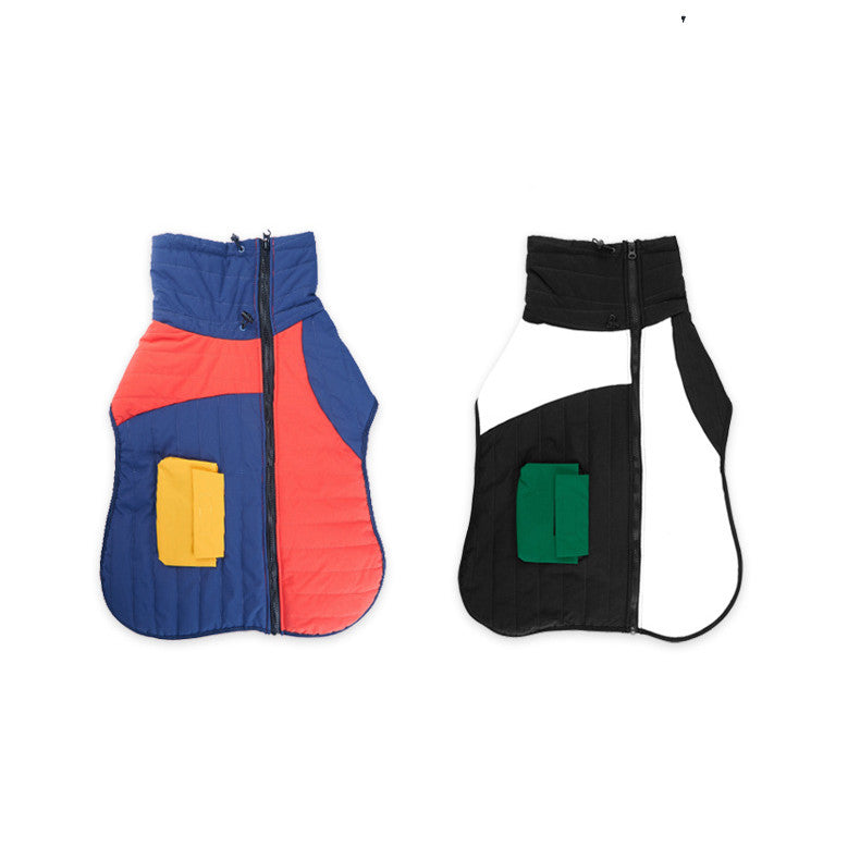 Padded winter dog coats: blue/red with yellow pocket and black with green pocket