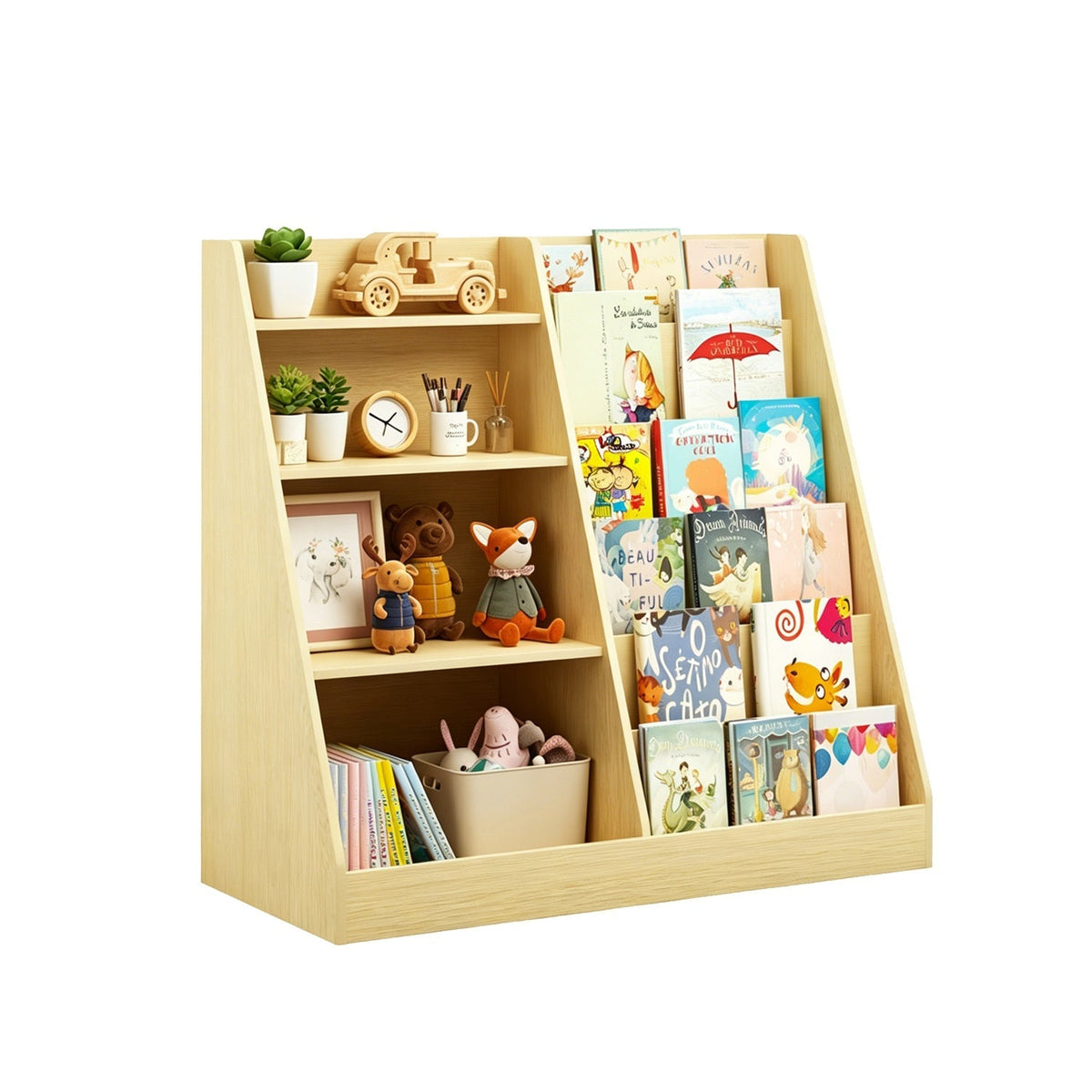 Light wood kids bookshelf organizer with multi-tier shelves for books and small toys