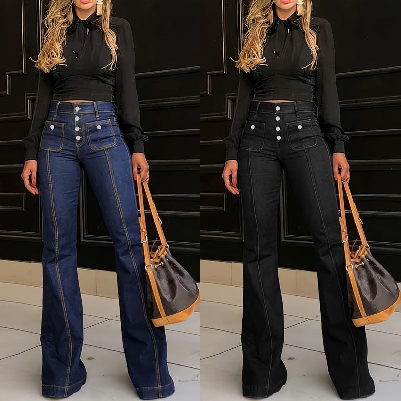 Dark blue flared jeans with contrast topstitching and button front, five-pocket design