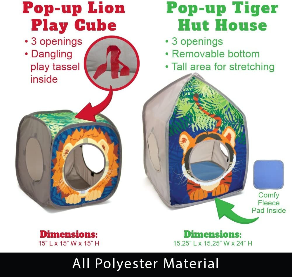 Pop-up lion cube and tiger hut with round openings and removable pad