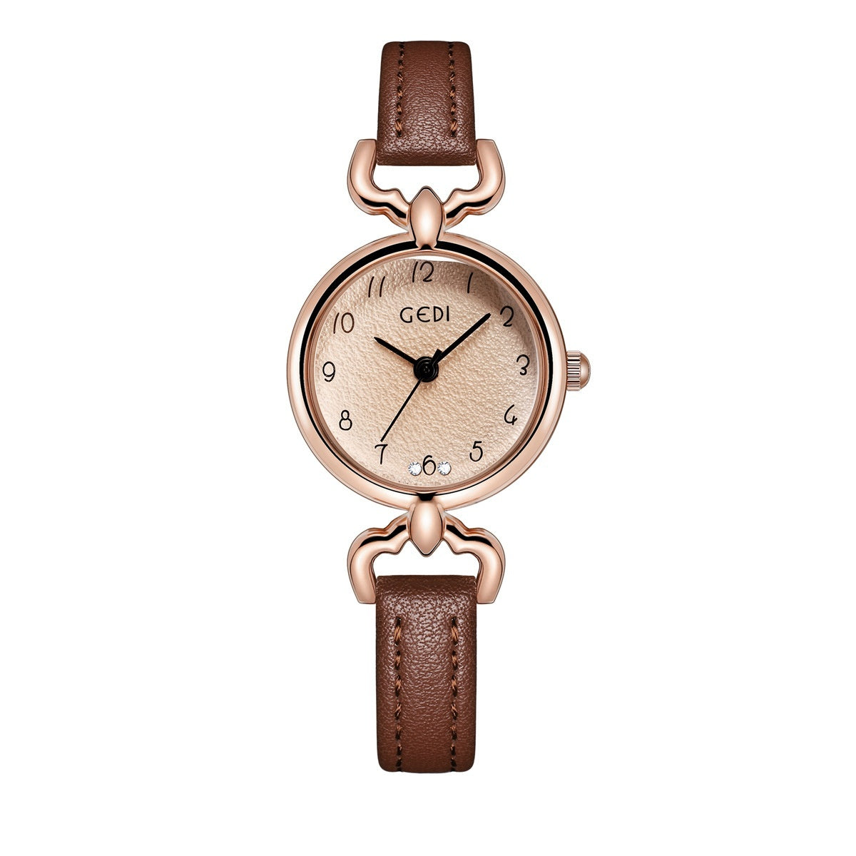 Petite ladies quartz watch with brown leather strap and rose-gold case with tan dial