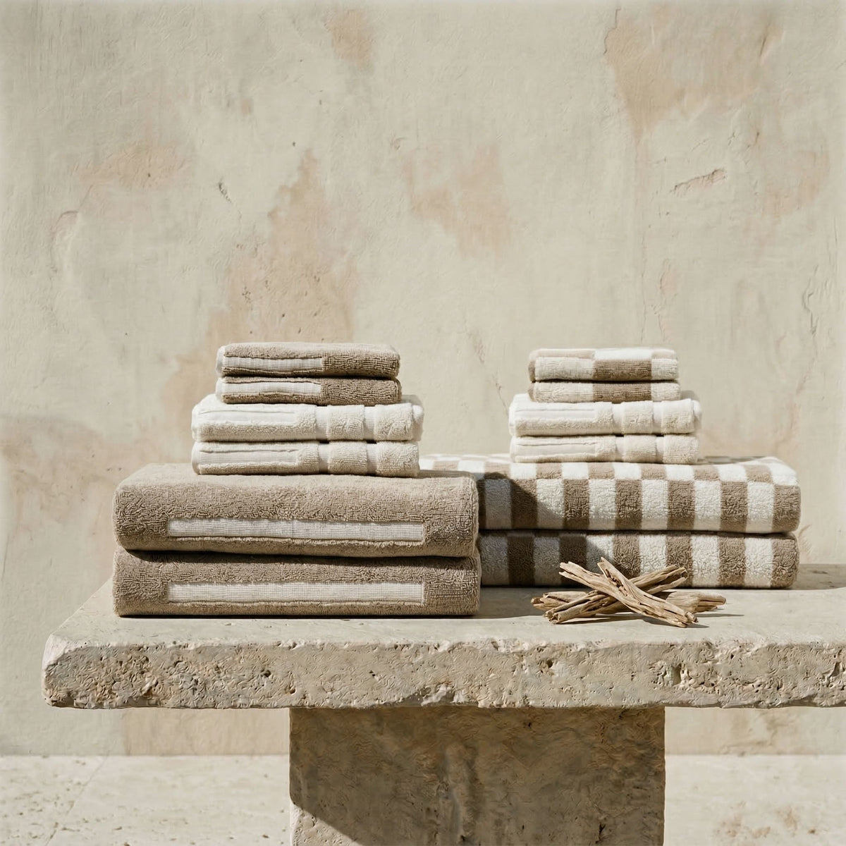 Australian cotton towels, stacked light neutral towels with one folded patterned towel
