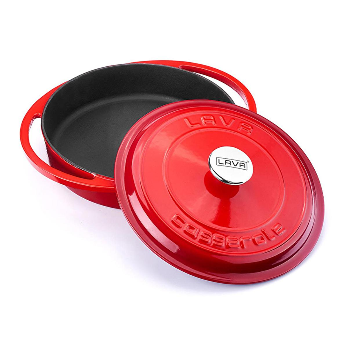 Red enamel cast iron pan with black interior and domed lid, branding label on knob