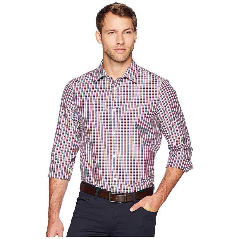 Calvin Klein men's plaid dress shirt, red and navy check, buttoned front