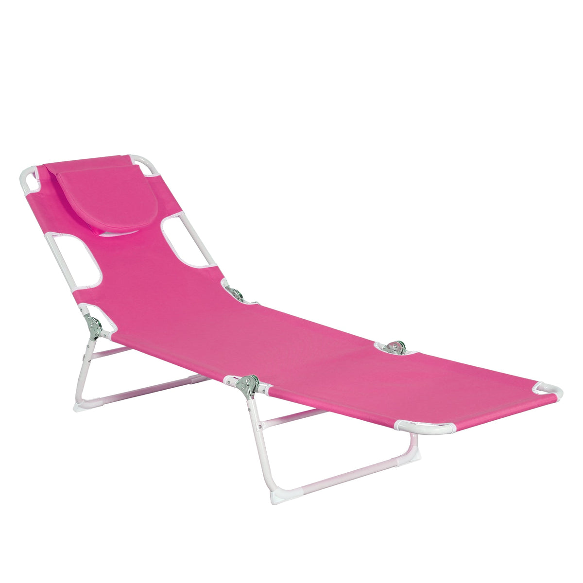 Pink folding chaise lounge chair at a side angle with reclining back and frame