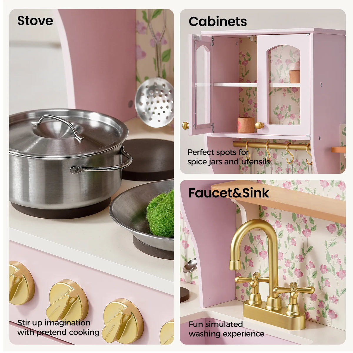 Yellow wooden play kitchen with faux stove, hanging utensil, and cabinet storage