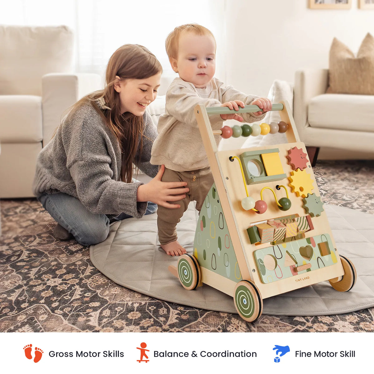 Wooden baby walker with colorful bead rail, gears, and mirror activity front with wheels