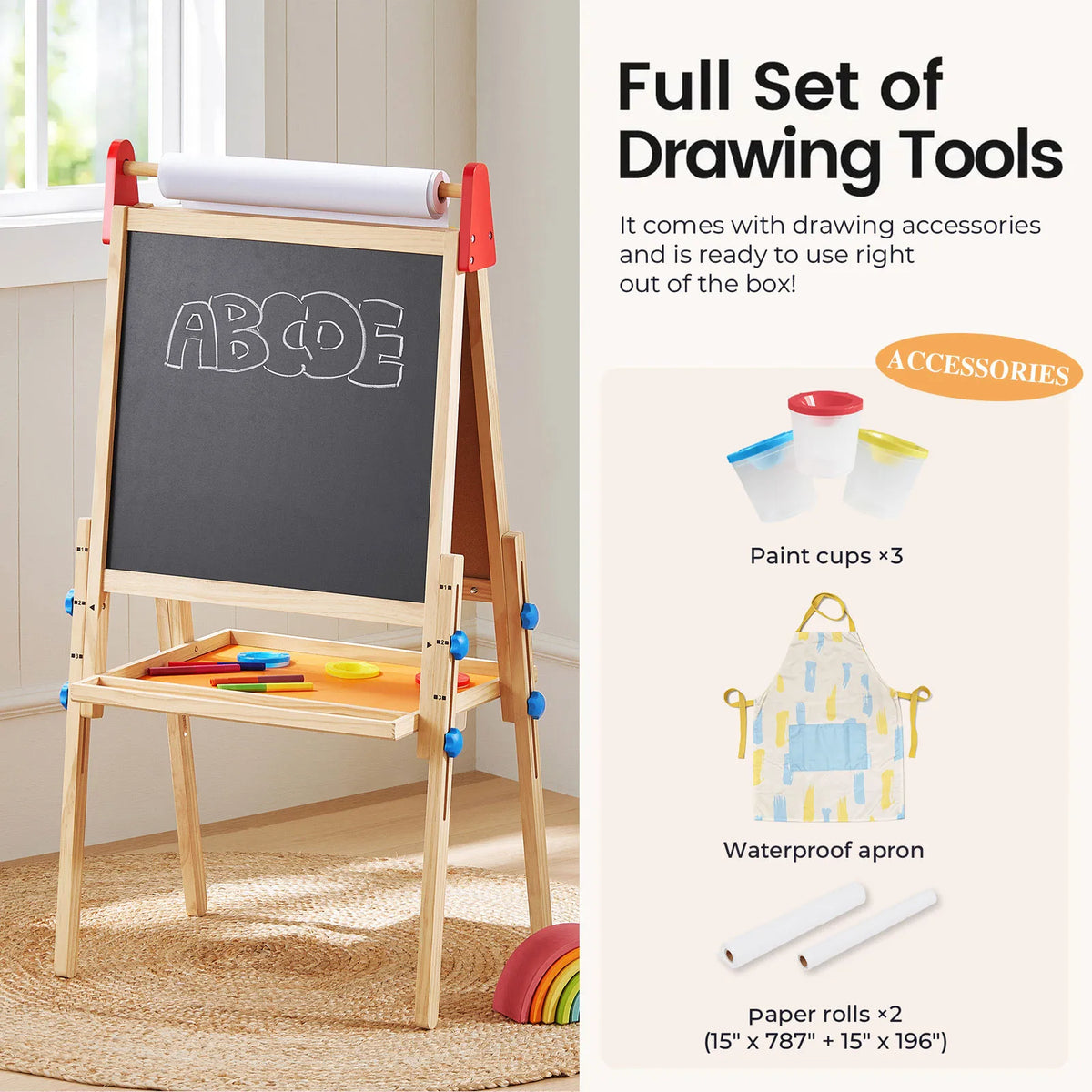 Kids 3-in-1 art easel with chalkboard and paper roll plus drawing accessories, wooden stand