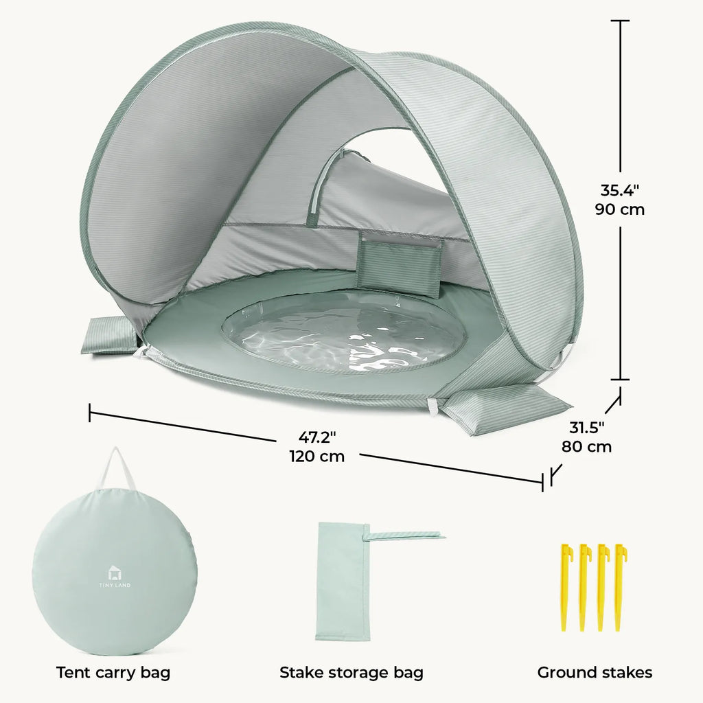 Green striped 3-in-1 baby beach tent with size diagram and included storage bags