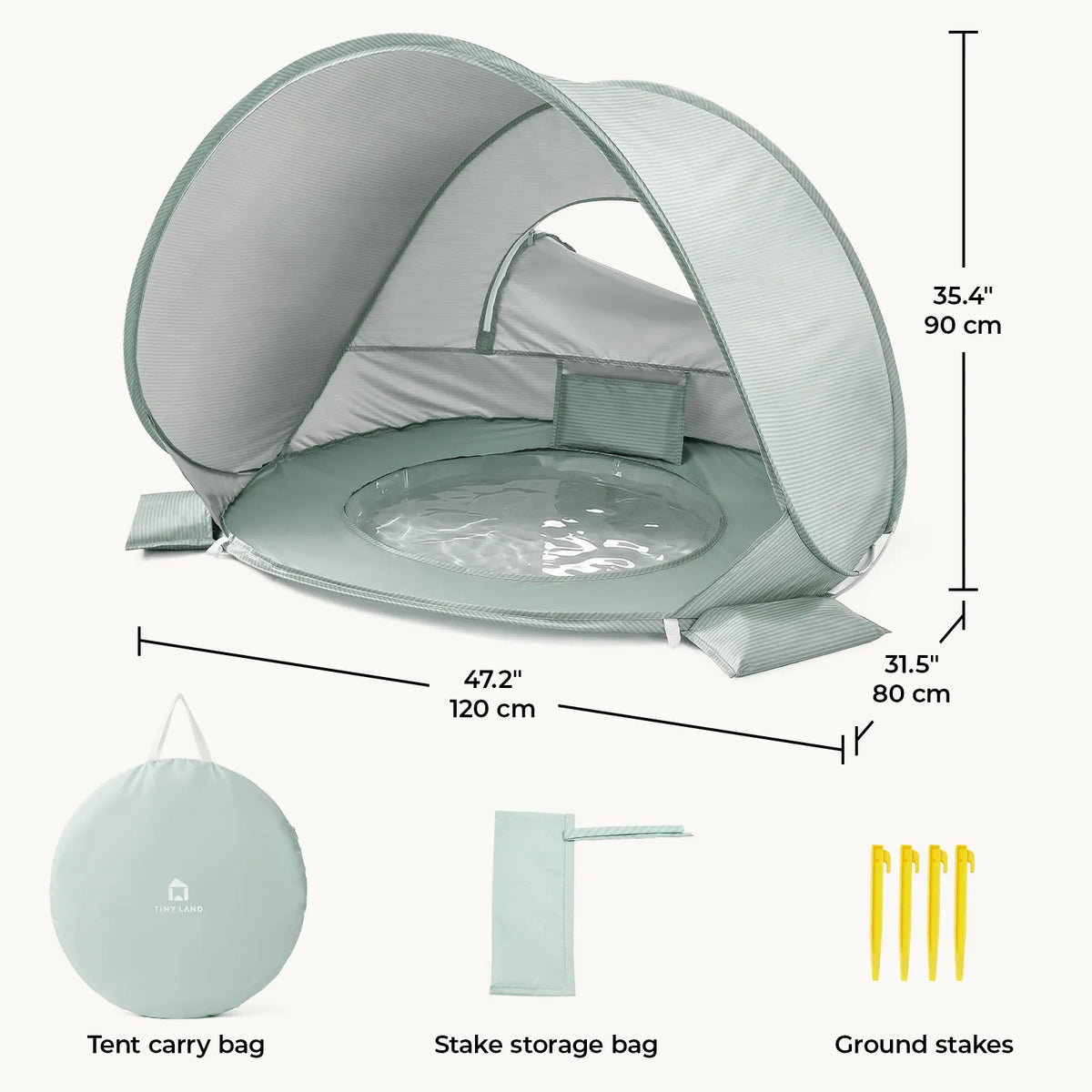 Green striped 3-in-1 baby beach tent with size diagram and included storage bags