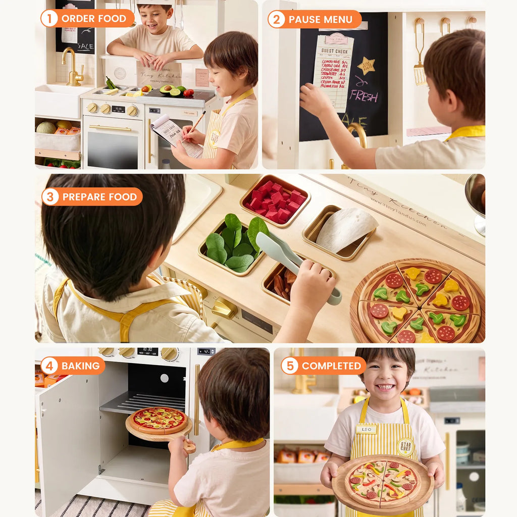 Children using a toy play kitchen for pretend cooking and baking steps