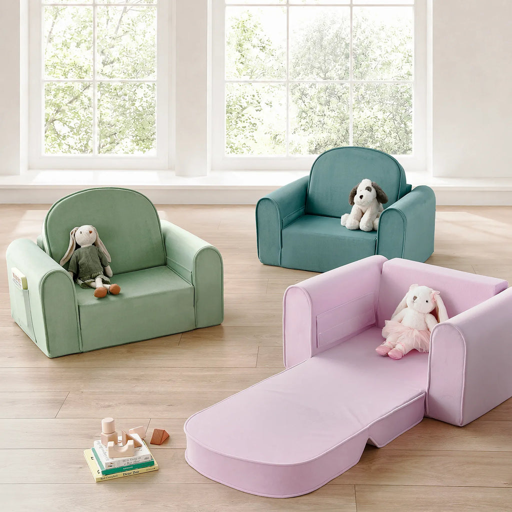 Kids sofa chair set in teal and light purple, with built-in chaise