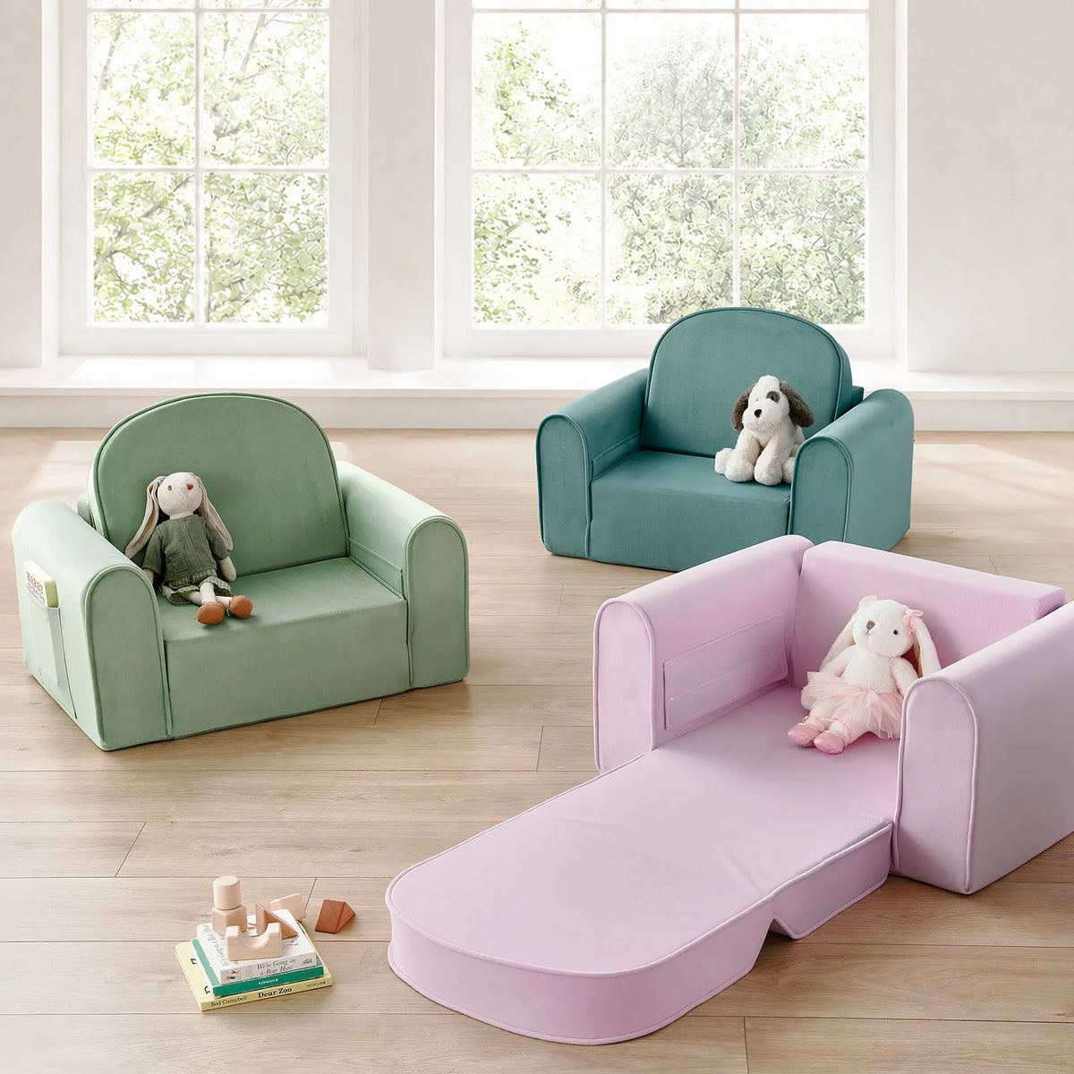 Kids sofa chair set in teal and light purple, with built-in chaise