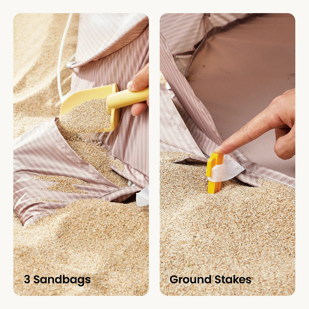 3-in-1 baby beach tent sandbags and ground stakes for securing on sand