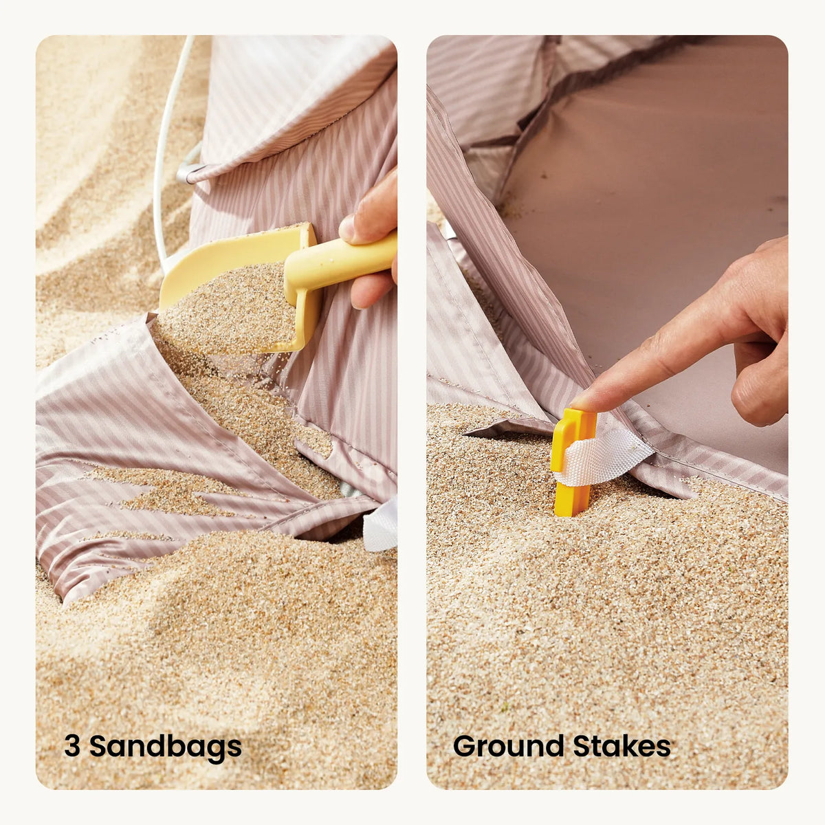 3-in-1 baby beach tent sandbags and ground stakes for securing on sand