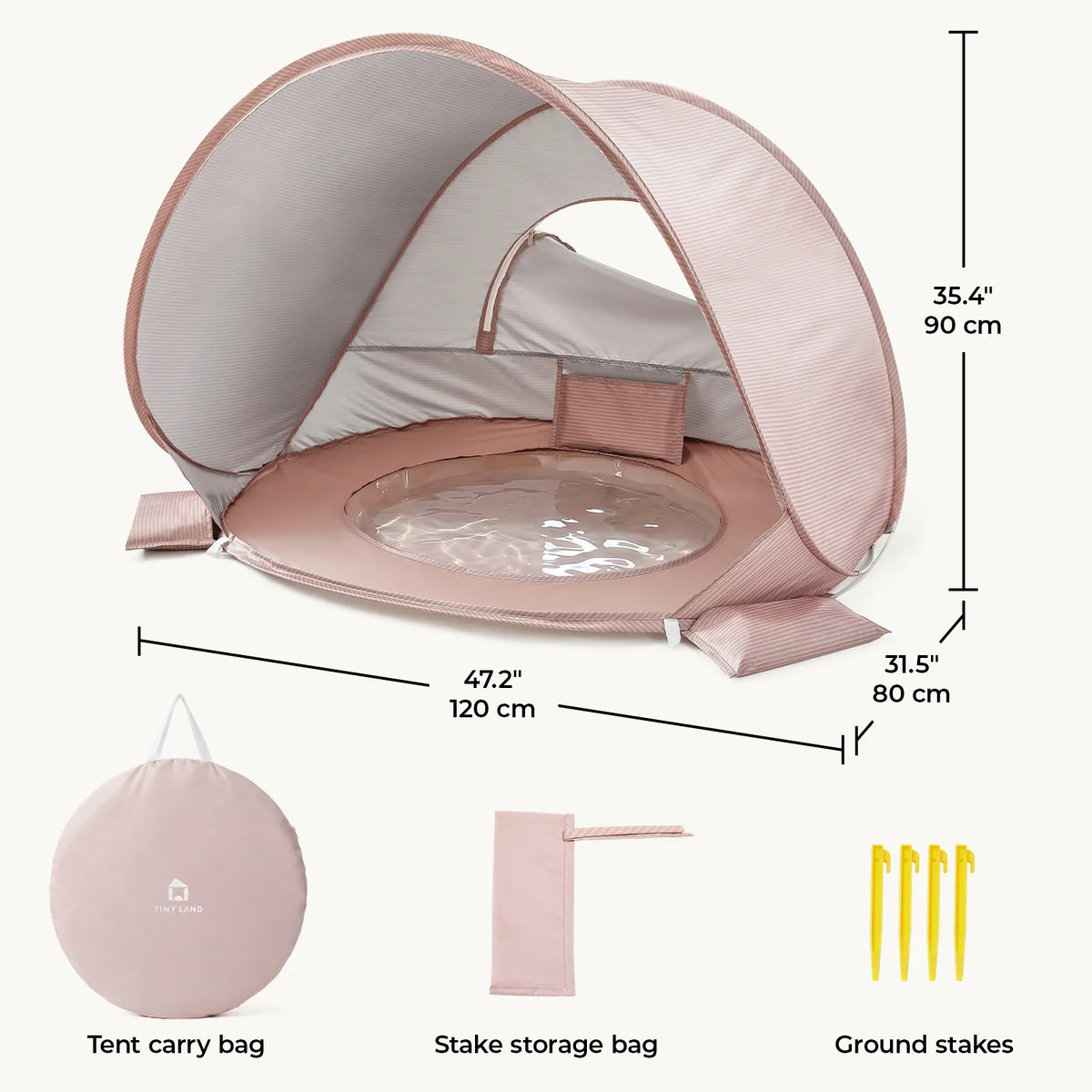 Pink beach tent with dimensions and included carry bag, stake bag, ground stakes