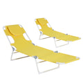 Set of two folding reclining chaise lounge chairs, yellow padded seat and backrest