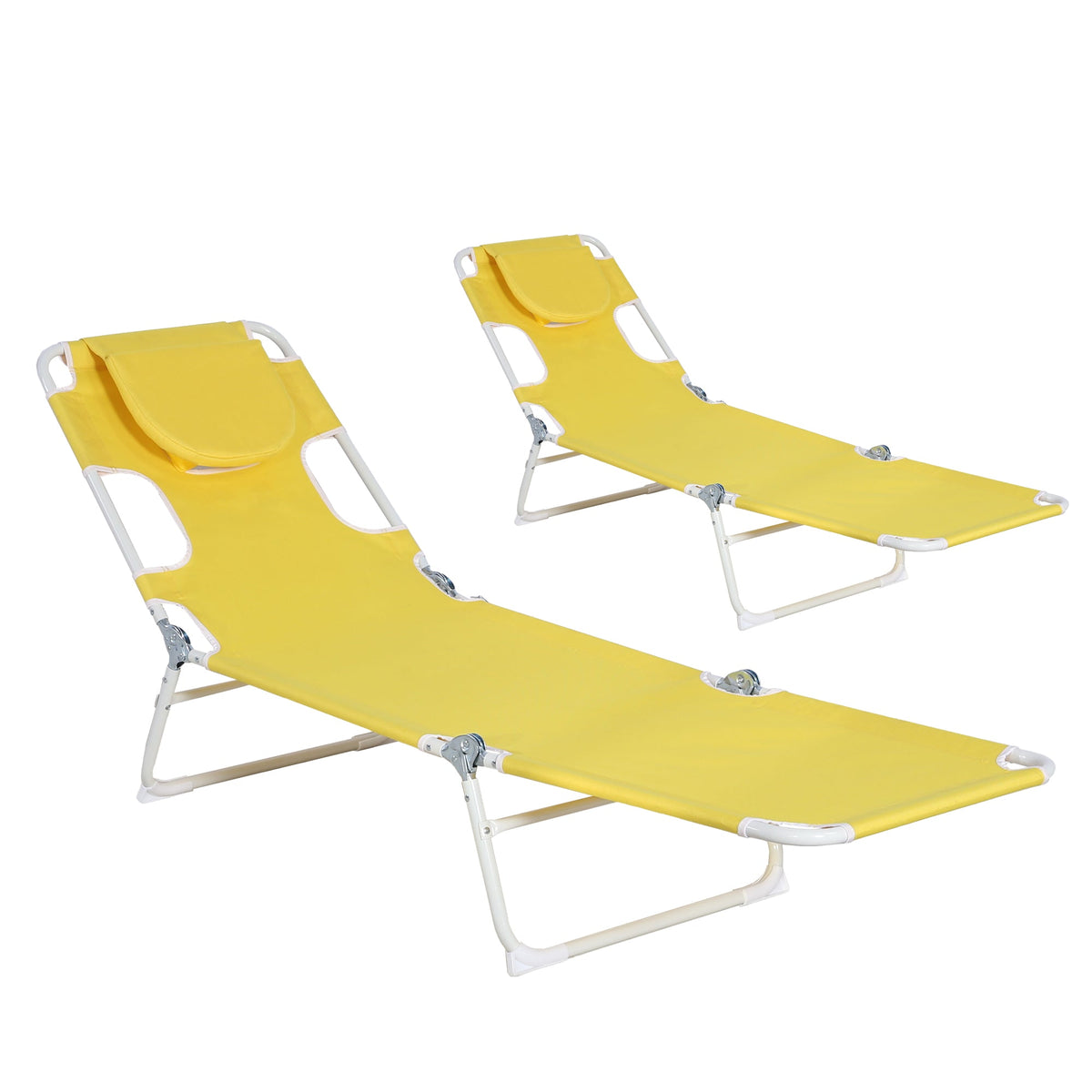 Set of two folding reclining chaise lounge chairs, yellow padded seat and backrest