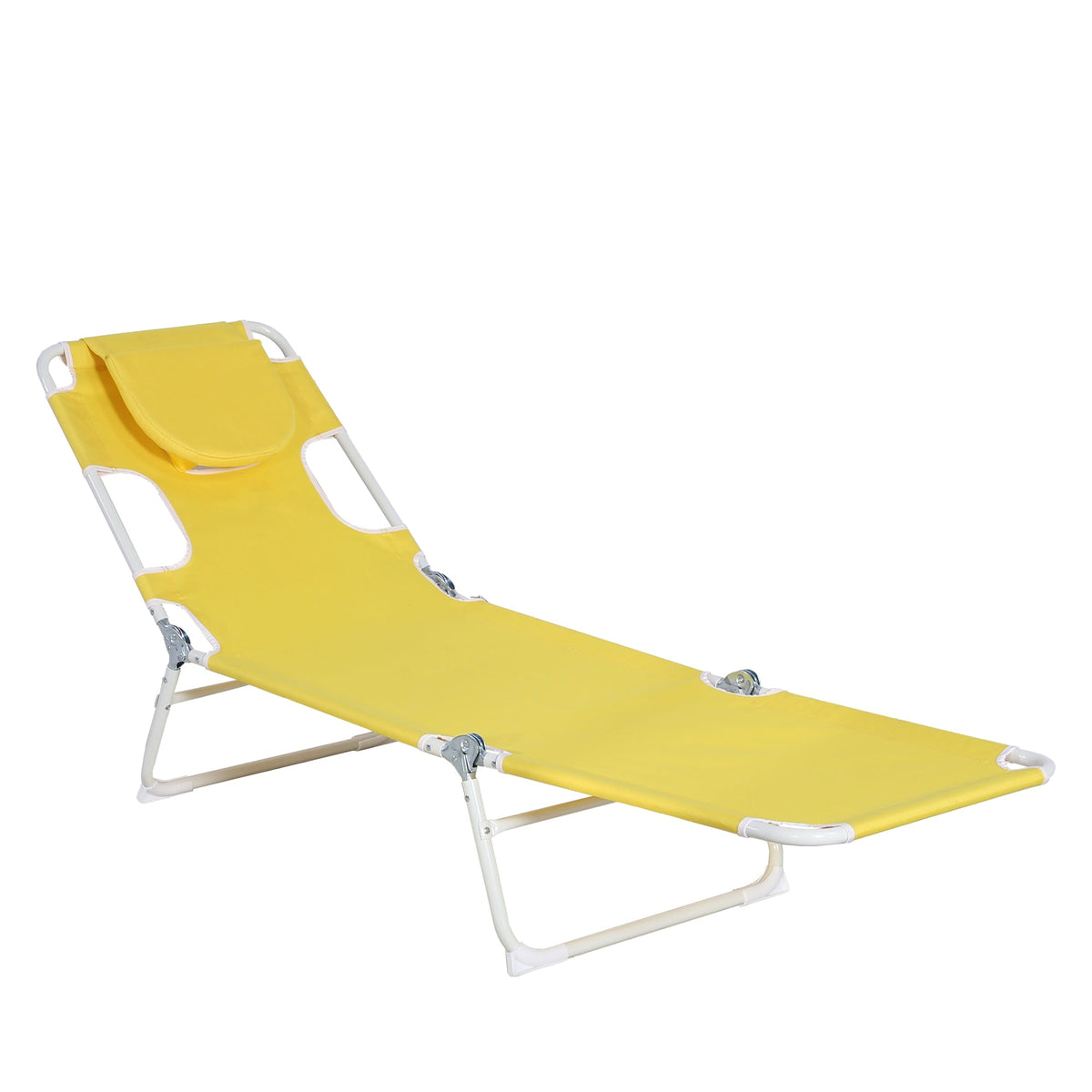 Yellow folding chaise lounge chair with reclining back and white metal frame