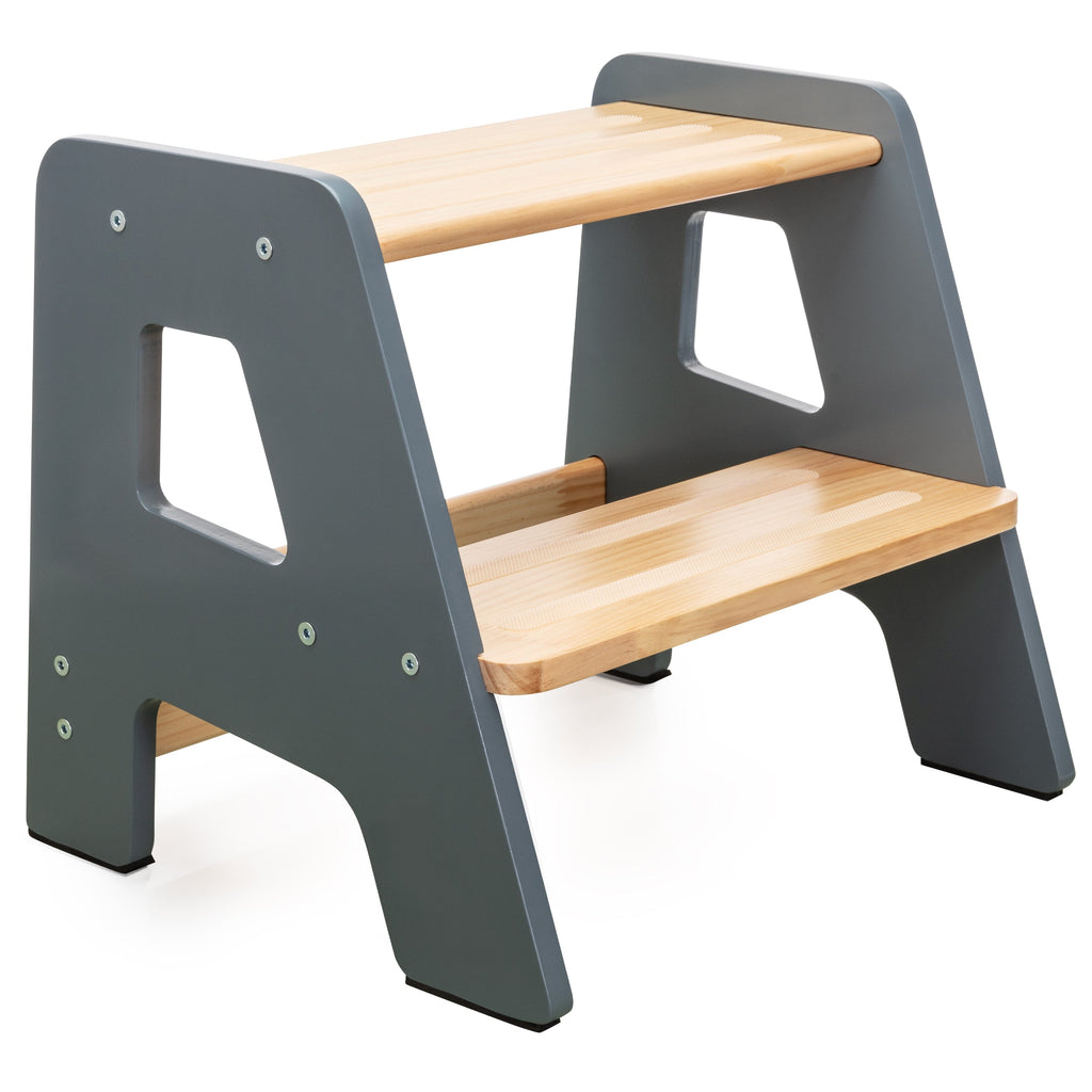 Gray two-step wooden step stool with cutout side panels and smooth wood top steps.