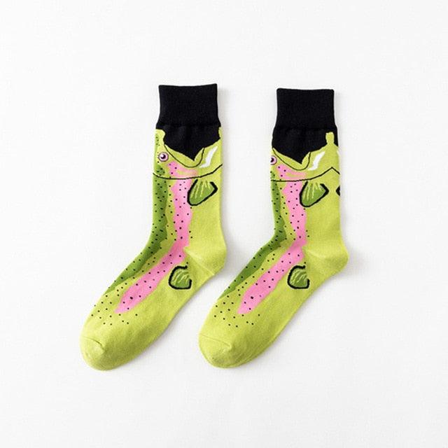 Lime green crew socks with cartoon crocodile face and pink spot accents