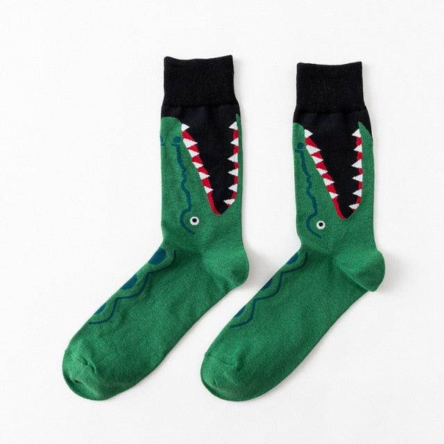 Teal green crew socks with cartoon crocodile and red tooth accents