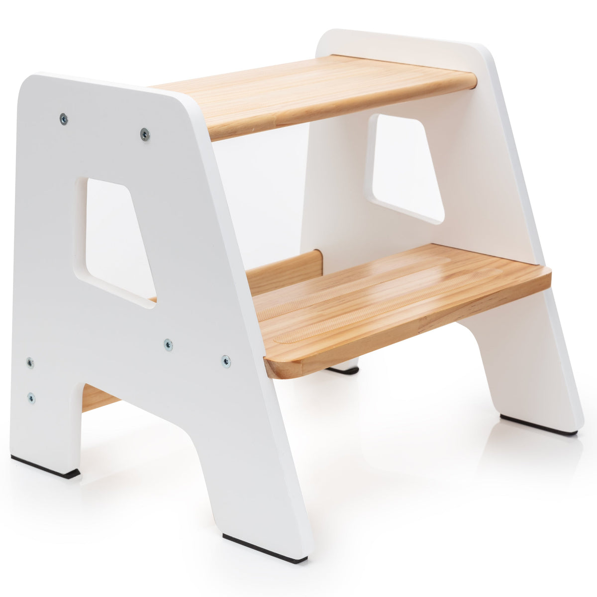 White two-step wooden step stool with cutout side panels and smooth wood top steps.