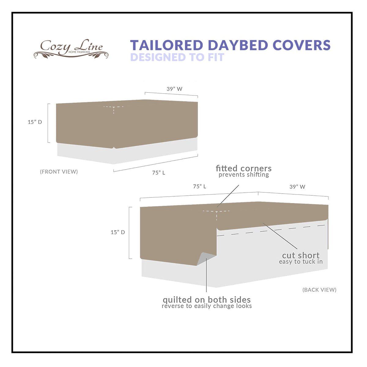 Daybed cover sizing diagram showing tailored fit and quilted reversible design