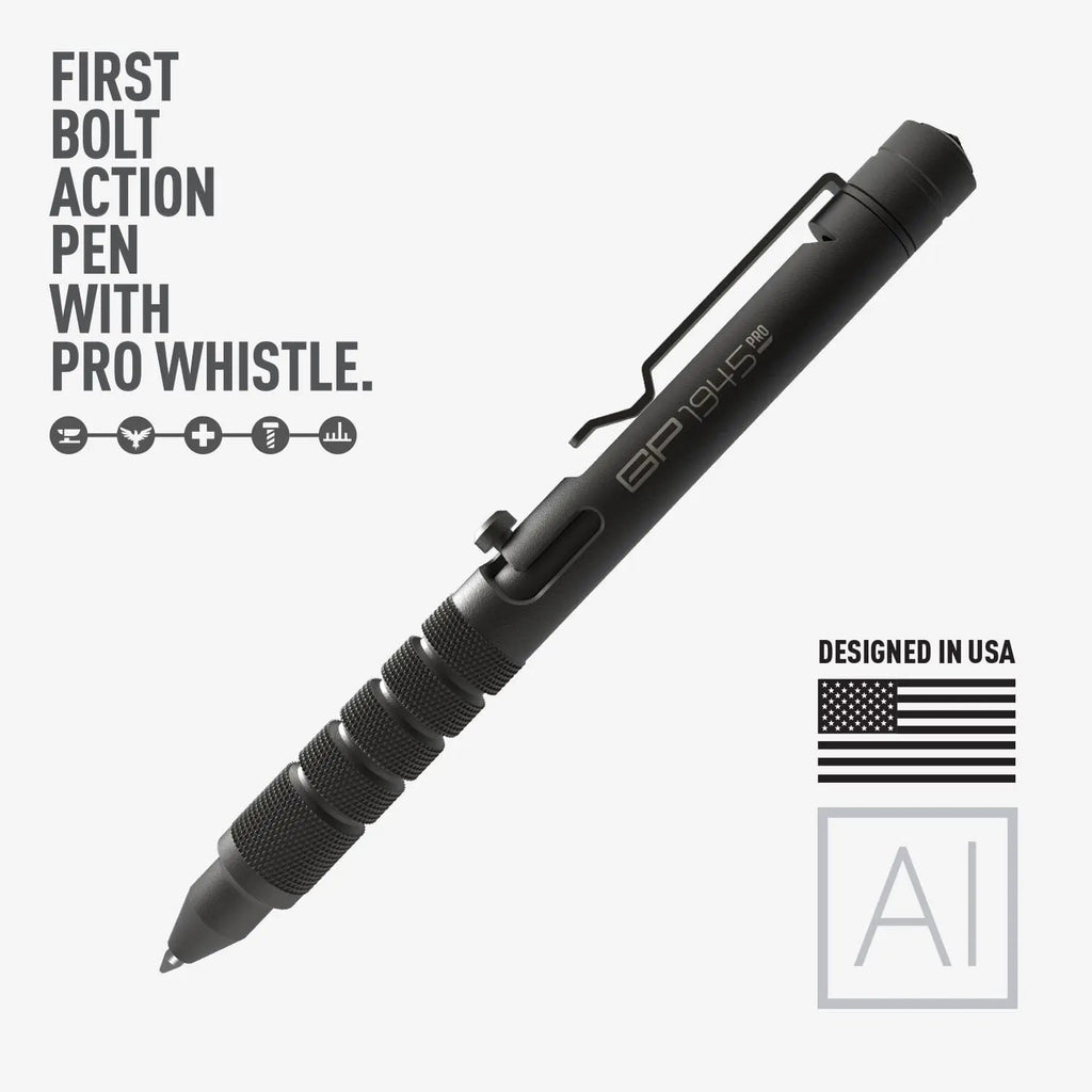 Bolt-action pen with black knurled grip and pointed tip