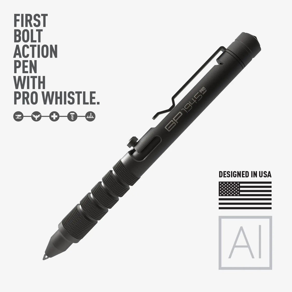 Bolt-action pen with black knurled grip and pointed tip