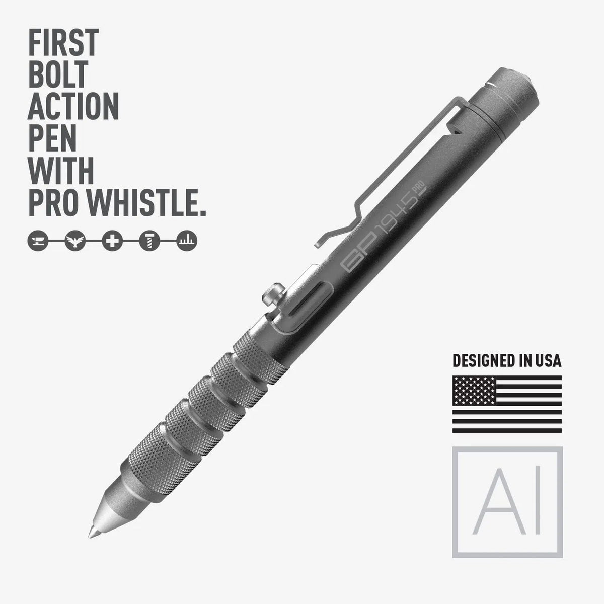 Bolt-action pen with gray metal body and knurled grip, pointed tip