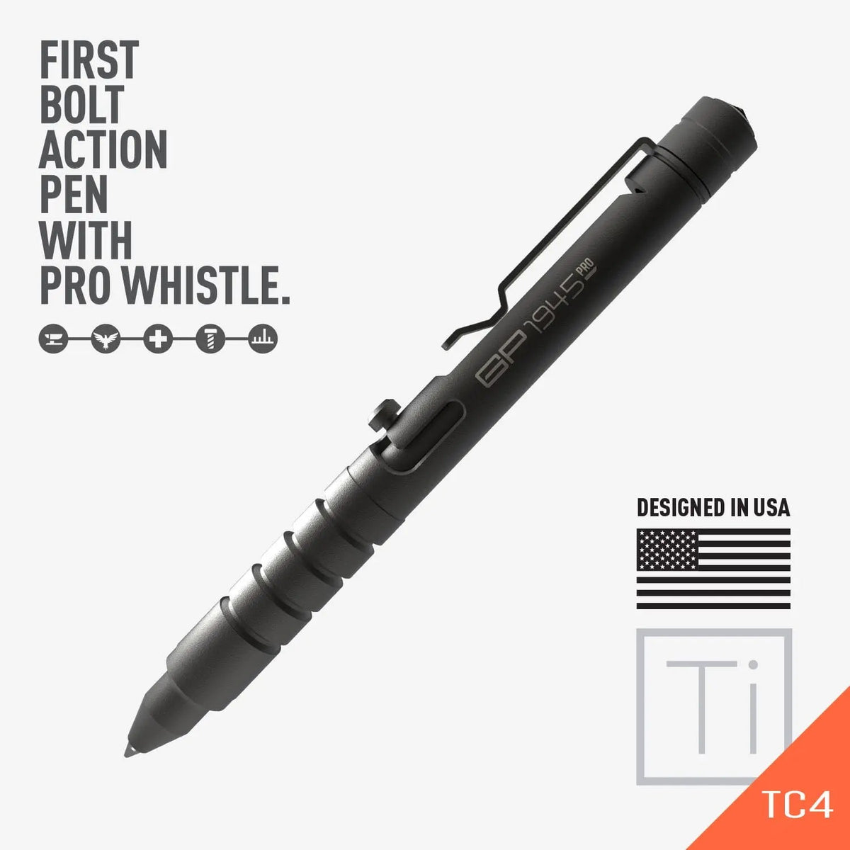 Bolt-action pen with black body and silver end caps, pointed tip