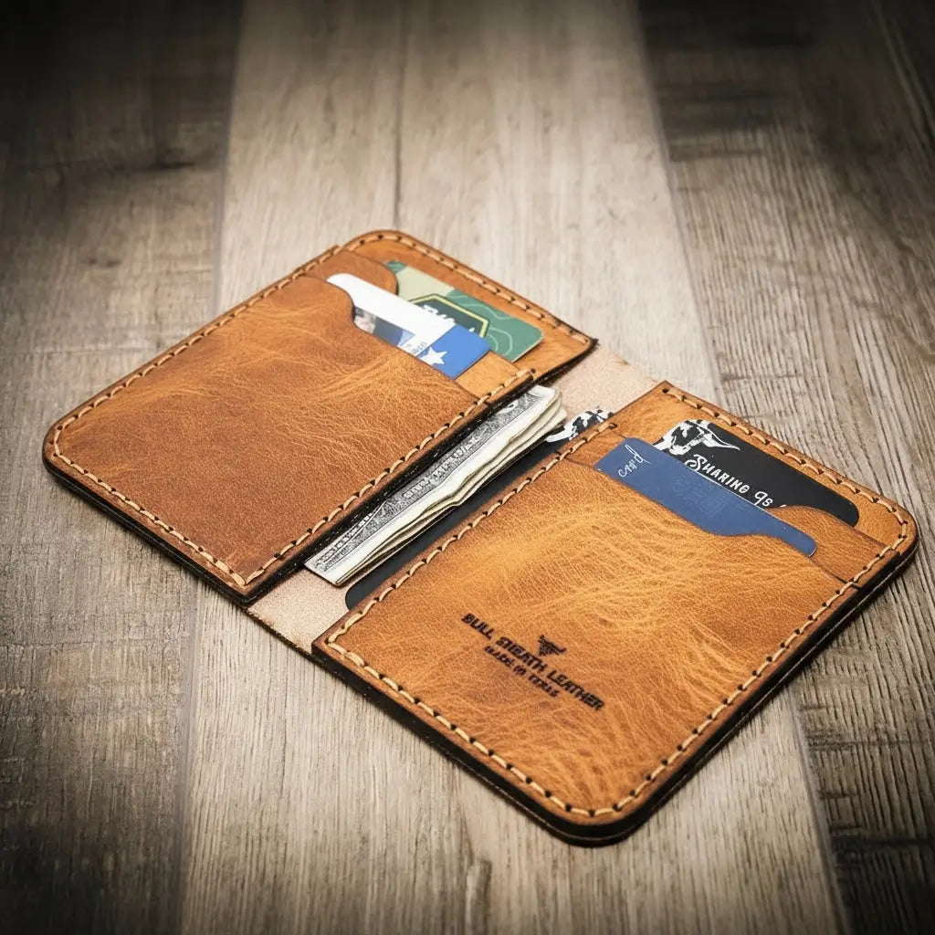 Vertical leather wallet with tan front, contrast stitching, and card slots