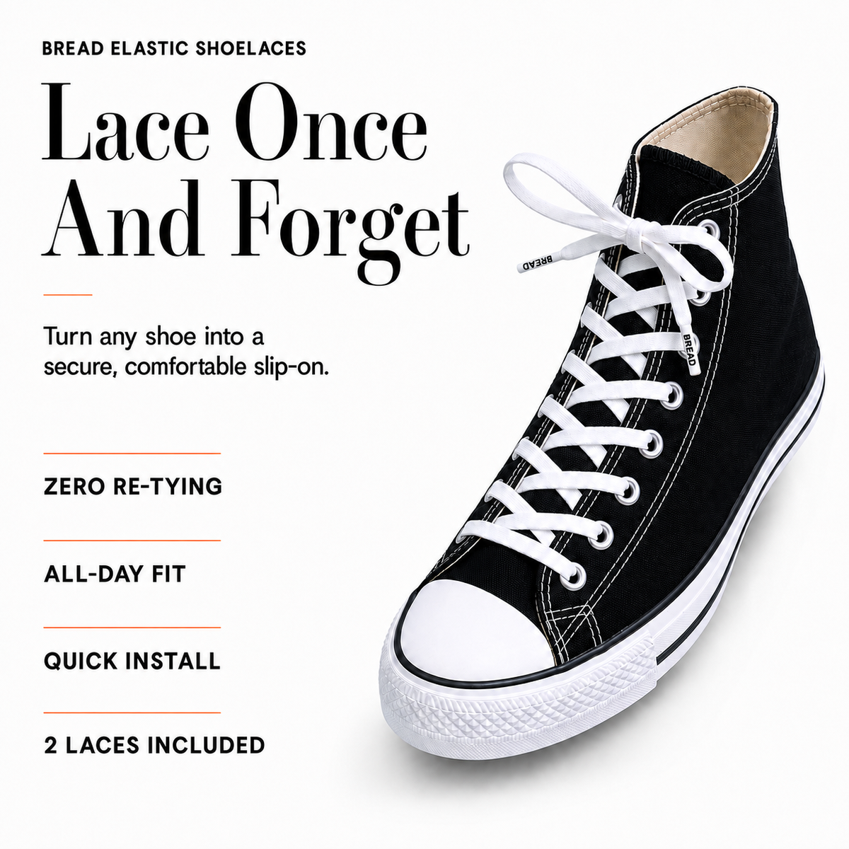 Black high-top shoe with white elastic slip-on laces