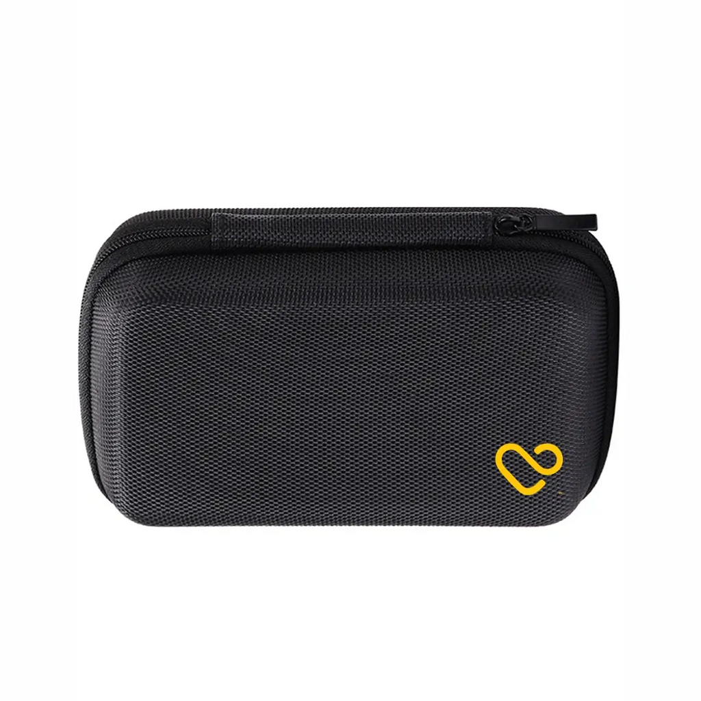 Black zippered travel case with small mesh pocket and yellow logo detail
