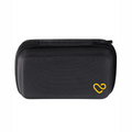 Black zippered travel case with small mesh pocket and yellow logo detail