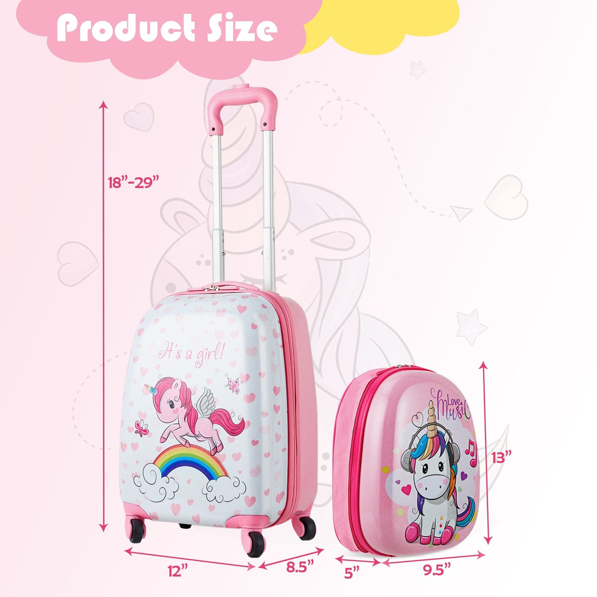 Kids luggage set dimensions chart showing wheeled suitcase and mini backpack sizes