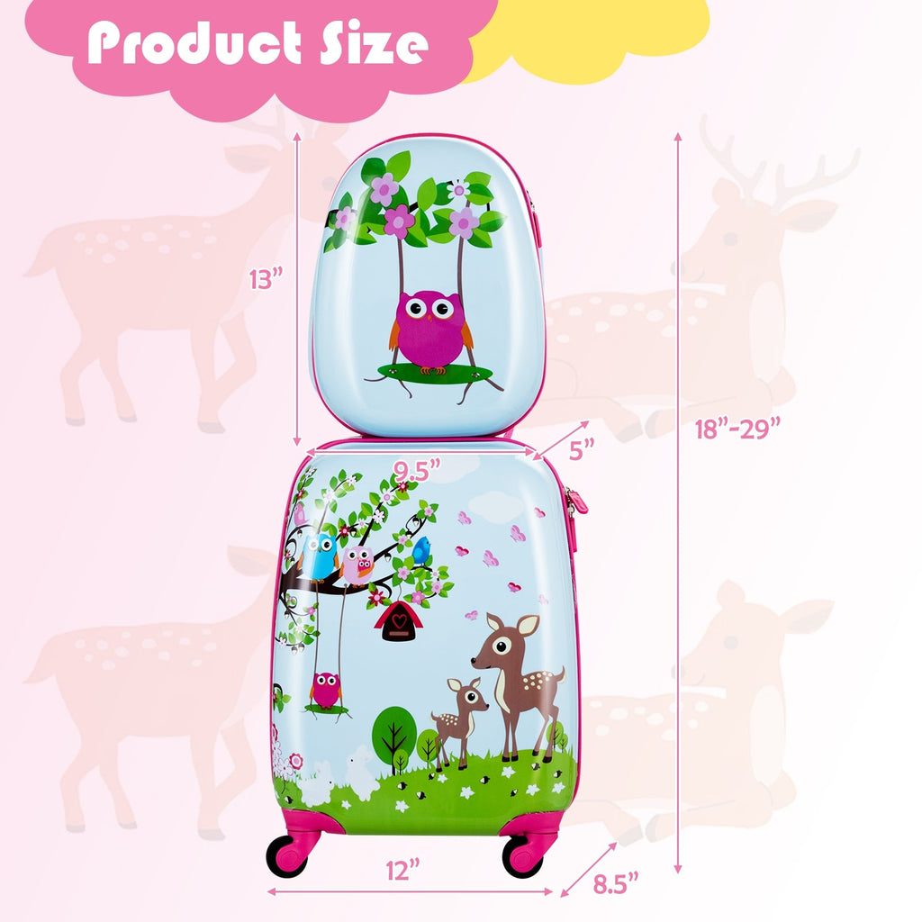Kids rolling suitcase and backpack set size diagram with height and width measurements