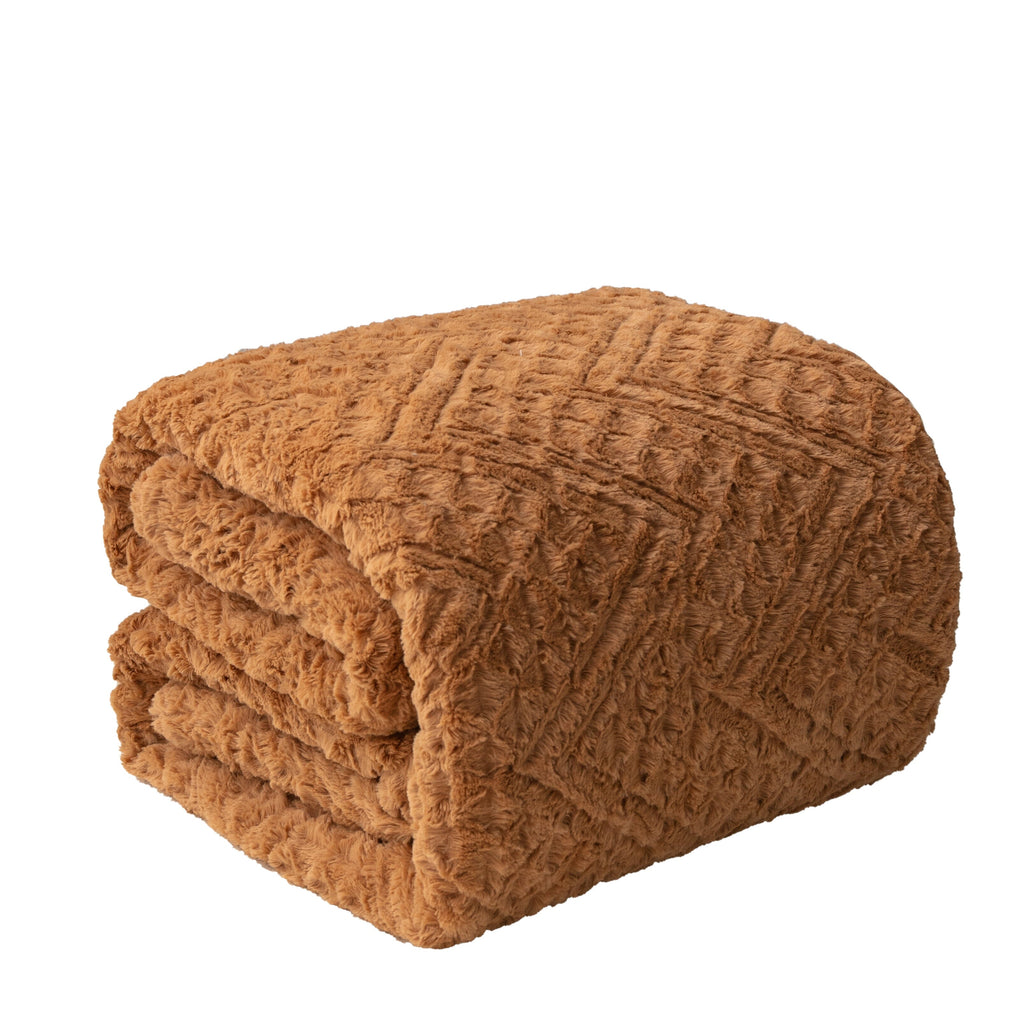 Caramel brown faux fur throw blanket, folded with embossed chevron texture