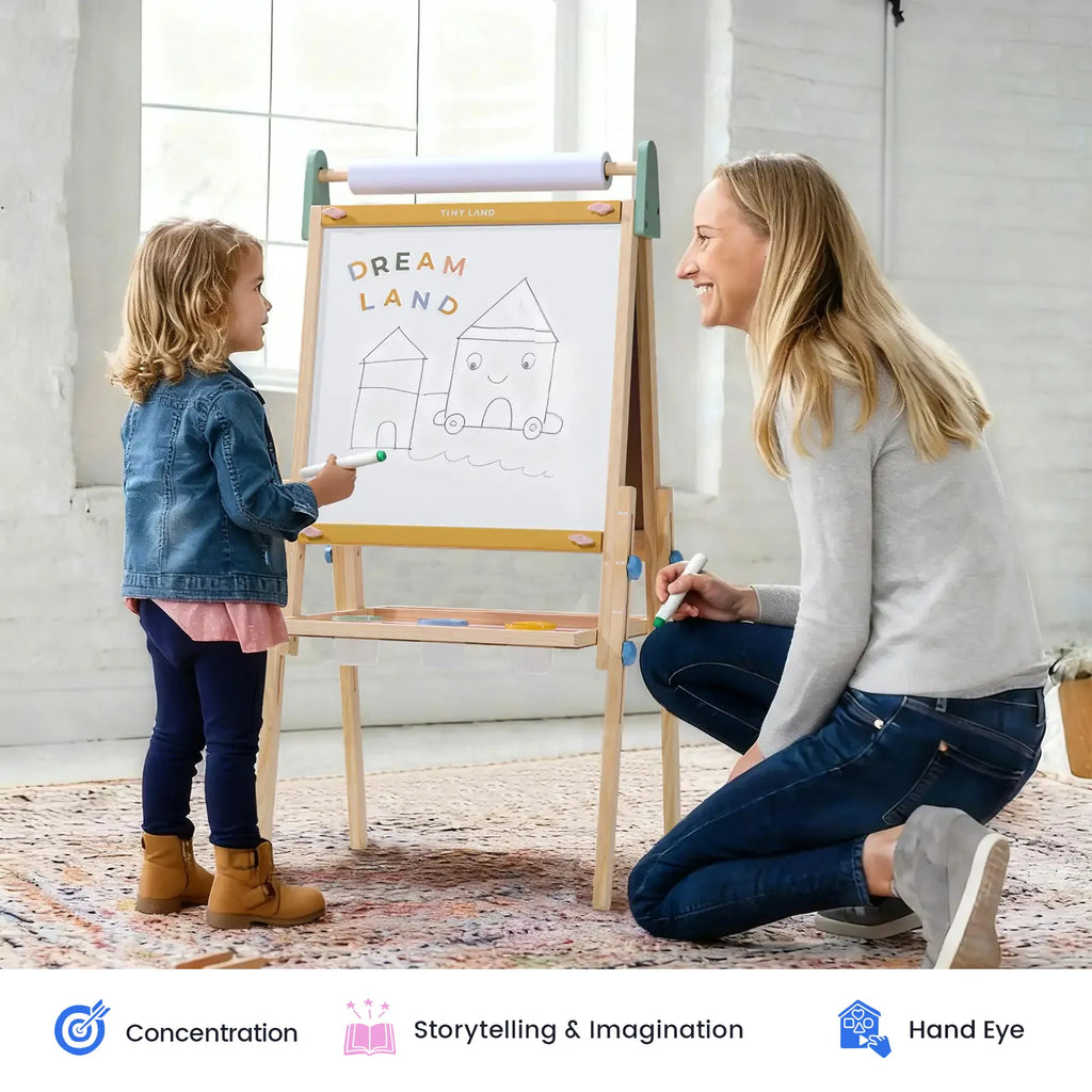 Kids art easel with white paper roll, wooden frame, and ledge tray