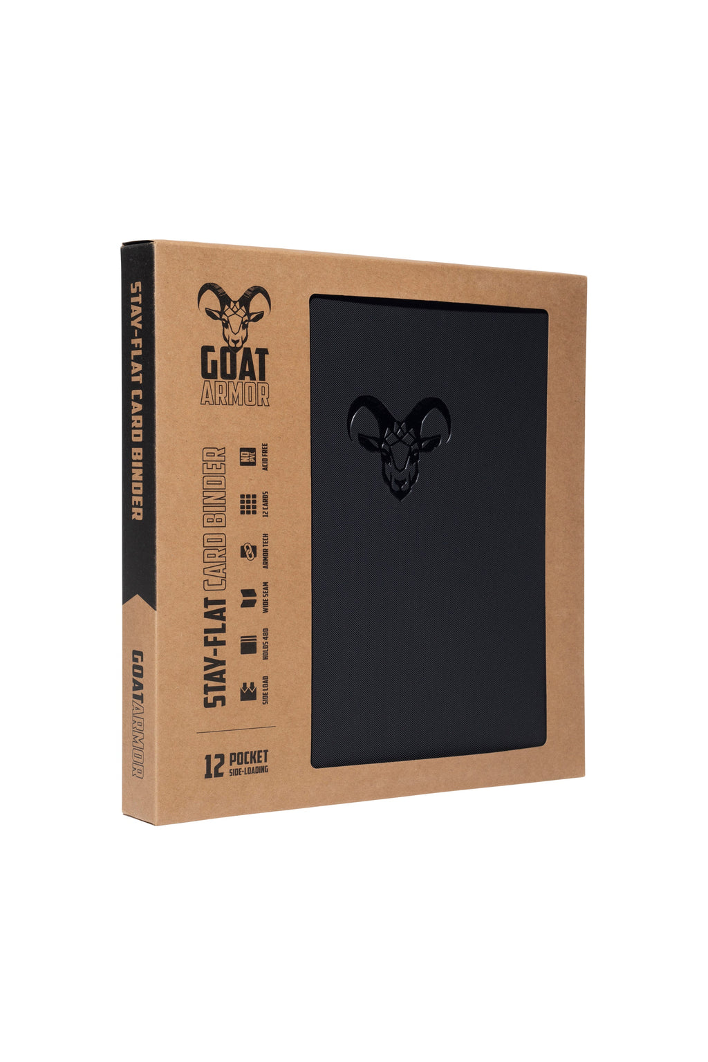 Card binder with black cover panel and black goat emblem, 12-pocket style