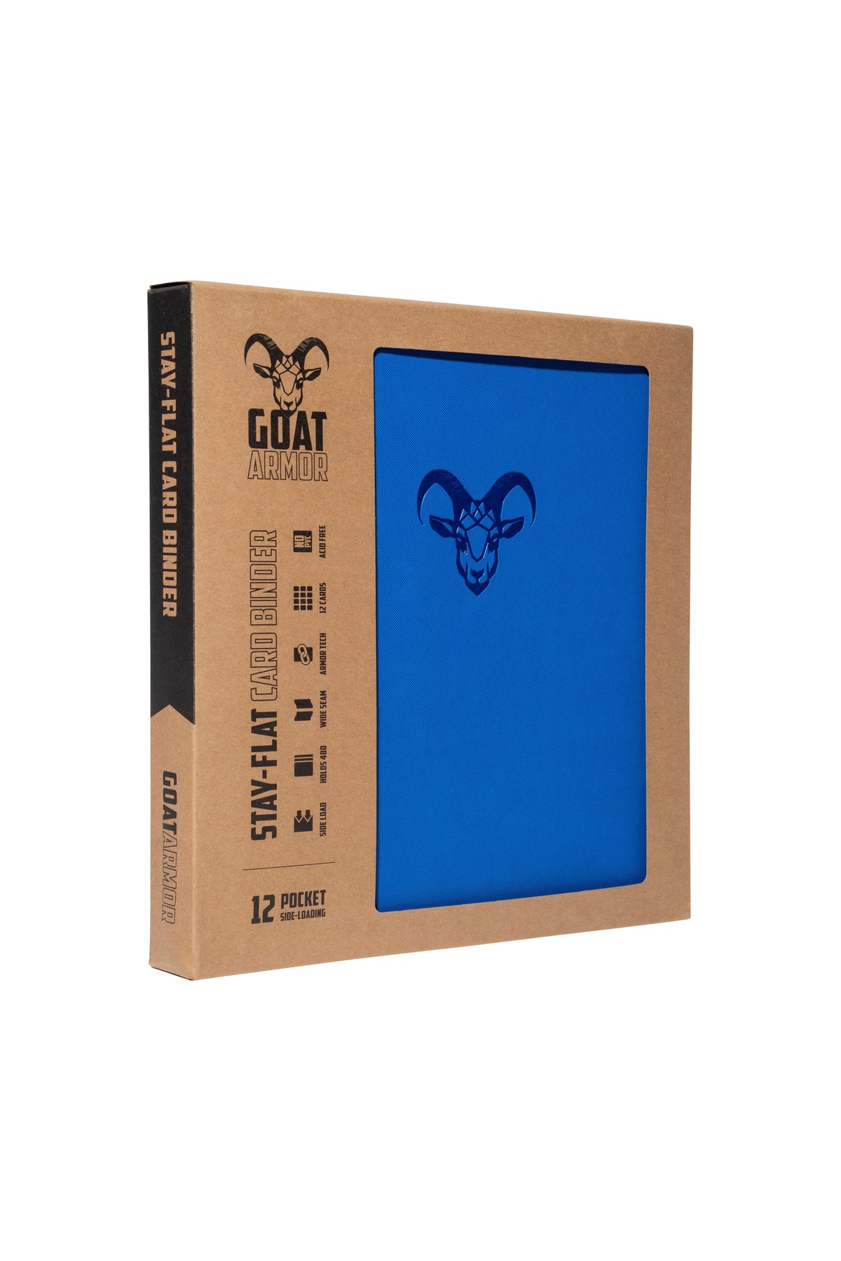 Card binder with blue cover panel and black goat emblem, 12-pocket style