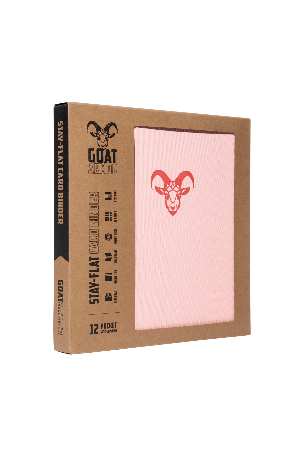 Card binder with light pink cover panel and black goat emblem, 12-pocket style