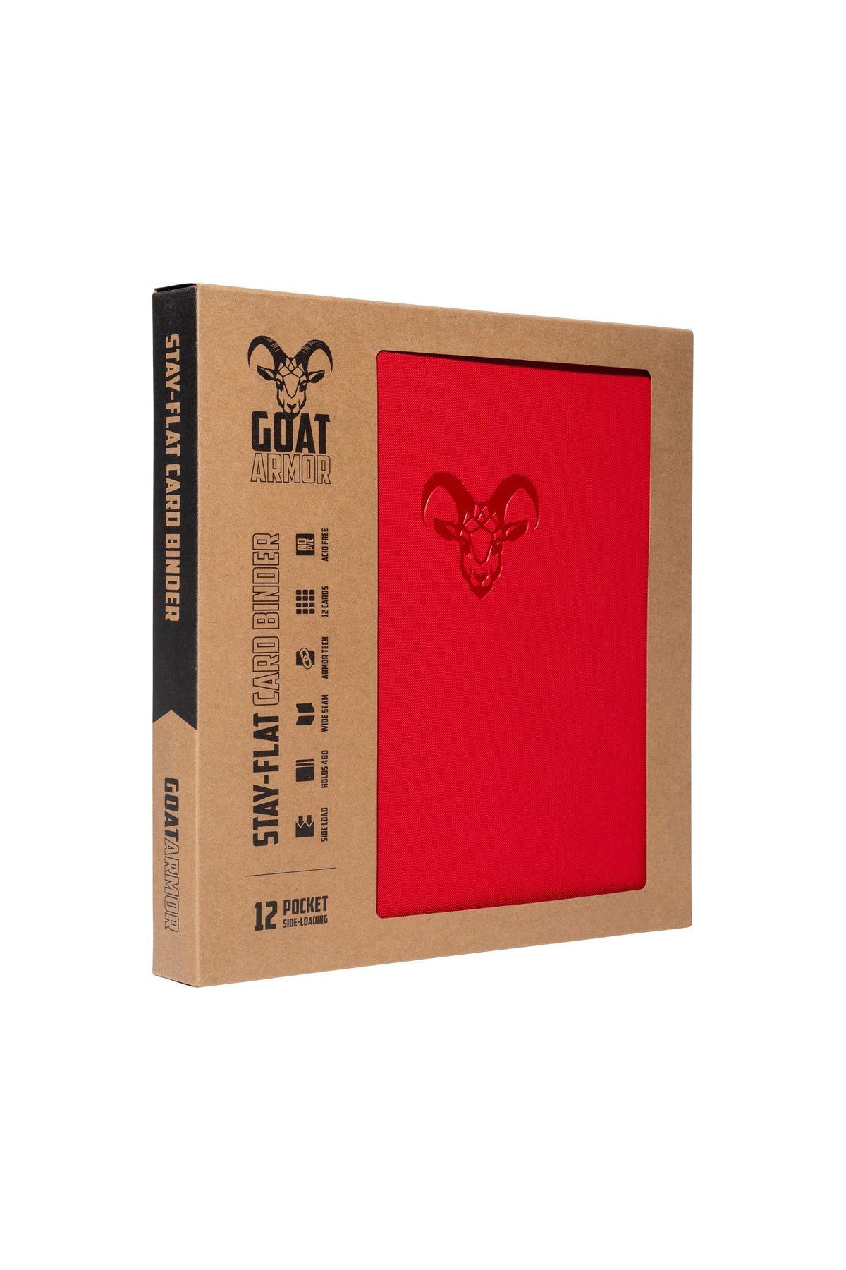 Card binder with red cover panel and black goat emblem, 12-pocket style