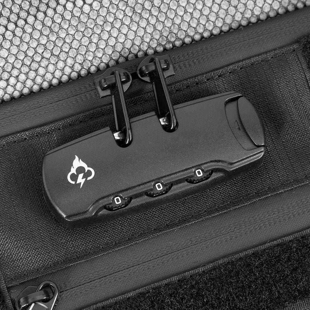 Smell proof travel wallet close-up of black lock device on textured dark fabric