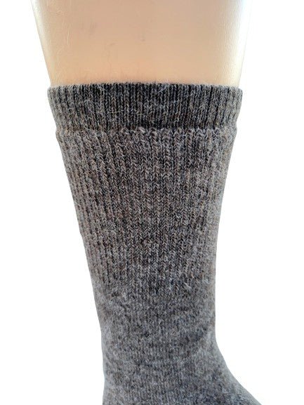 Dark heather gray crew sock with ribbed top and speckled knit pattern.
