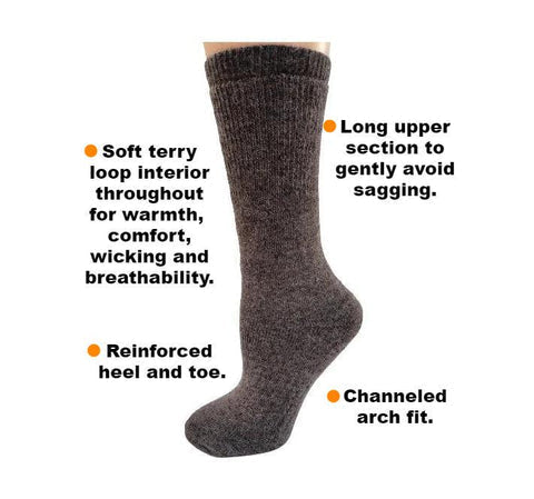 Dark heather gray alpaca blend crew socks with ribbed cuff and cushioned sole.