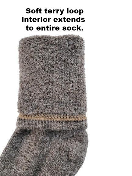 Dark heather gray sock cuff with soft terry loop interior along the leg.